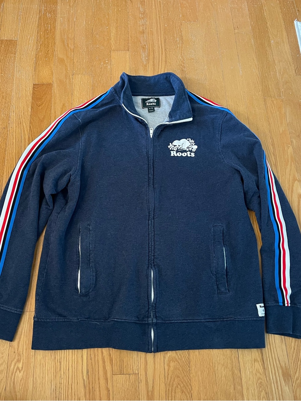 Roots Navy Zip-Up with Red & White Stripe